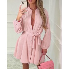 Buttoned Tied Detail Lantern Sleeve Casual Dress