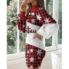 Christmas Print Lantern Sleeve Plaid Sweater Dress