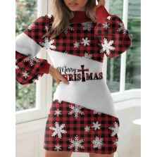 Christmas Print Lantern Sleeve Plaid Sweater Dress