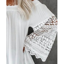 Crochet Lace Bell Sleeve Shirring Detail Frill Hem Dress