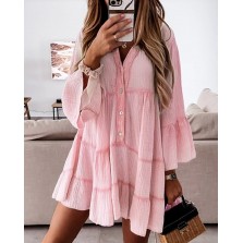 Color Button Design Bell Sleeve Casual Dress Long Sleeve Loose Dress