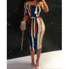 Striped Cold Shoulder Ruched Belted Bodycon Dress