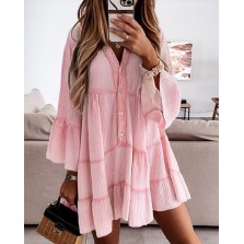 Color Button Design Bell Sleeve Casual Dress Long Sleeve Loose Dress