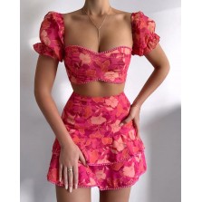 Floral Print Pom Pom Ruffles Top & Layered Skirt set