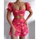 Floral Print Pom Pom Ruffles Top & Layered Skirt set