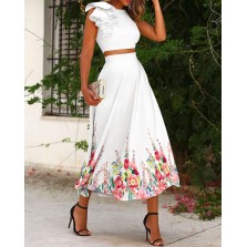 Two Piece Sets Solid Ruffle Hem Cut-Out Back Crop Top & Floral Print Skirt Set Elegant Work Suit