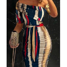 Striped Cold Shoulder Ruched Belted Bodycon Dress