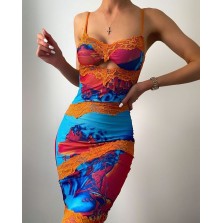 Lace Patch Cutout Front Color Spaghetti Strap Dress